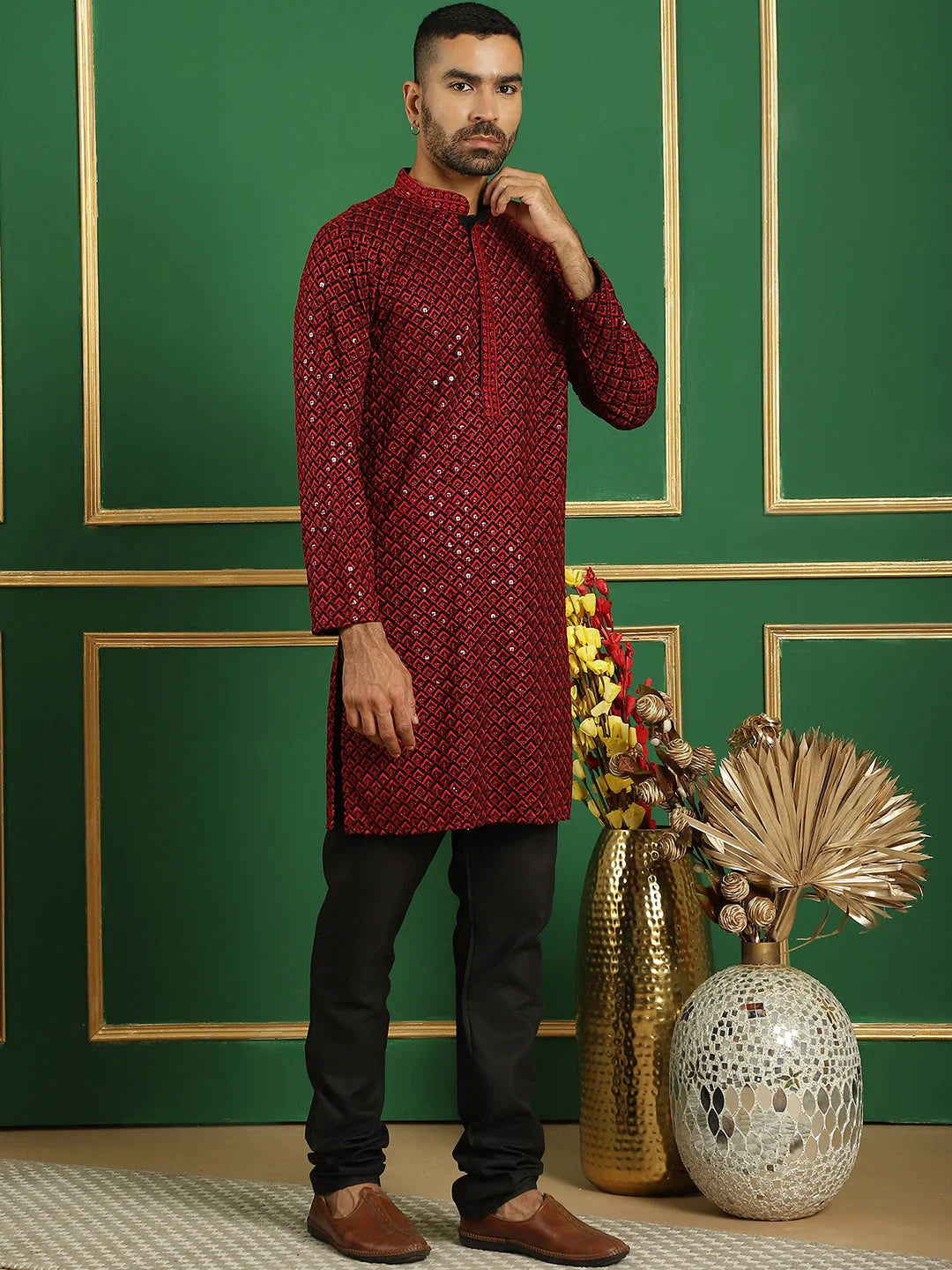 Red Embroidered Cotton Mens Kurta Pajama Set - Pure Cotton