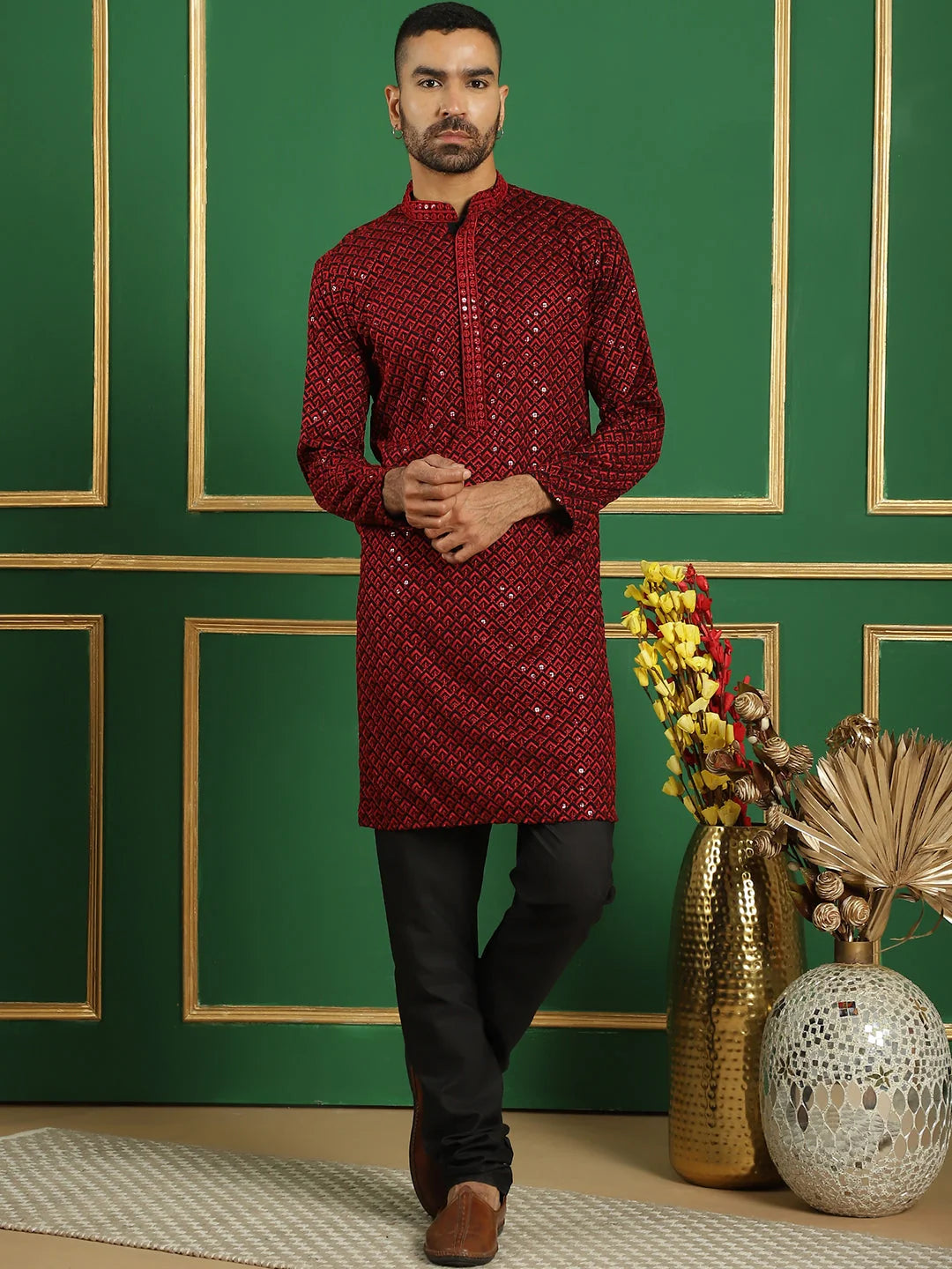 Red Embroidered Cotton Mens Kurta Pajama Set - Pure Cotton
