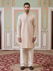 Sequin Embroidered Cotton Kurta with Pyjamas ( JOKP PJ11W 5005Beige )