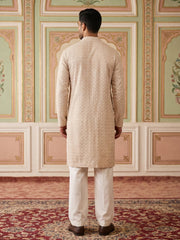 Sequin Embroidered Cotton Kurta with Pyjamas ( JOKP PJ11W 5005Beige )