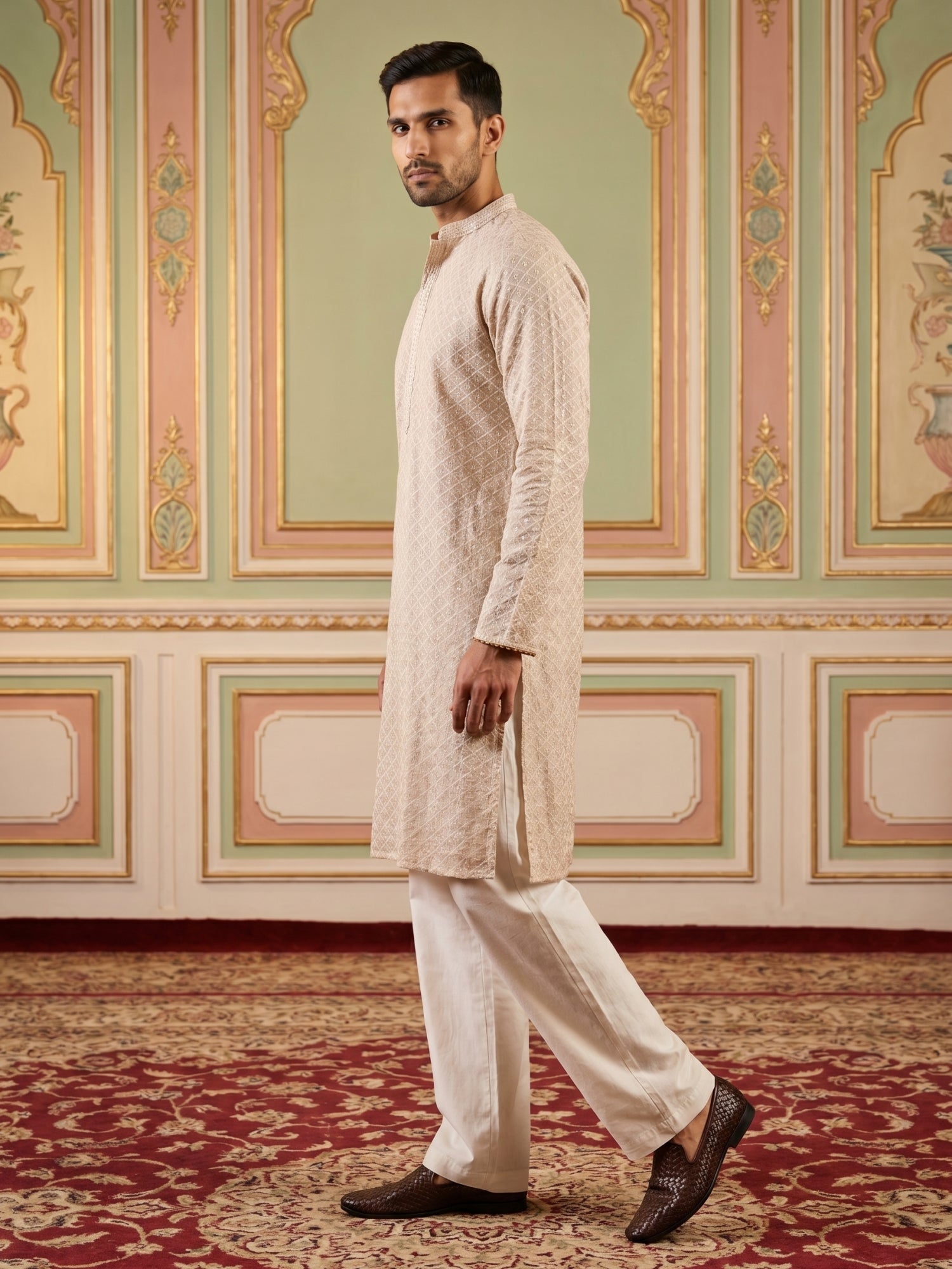 DesiQlo Men Embroidered Kurta Pyjama Set - Beige - JOKP_PJ11W_5005Beig