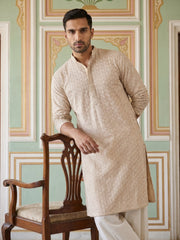 Sequin Embroidered Cotton Kurta with Pyjamas ( JOKP PJ11W 5005Beige )