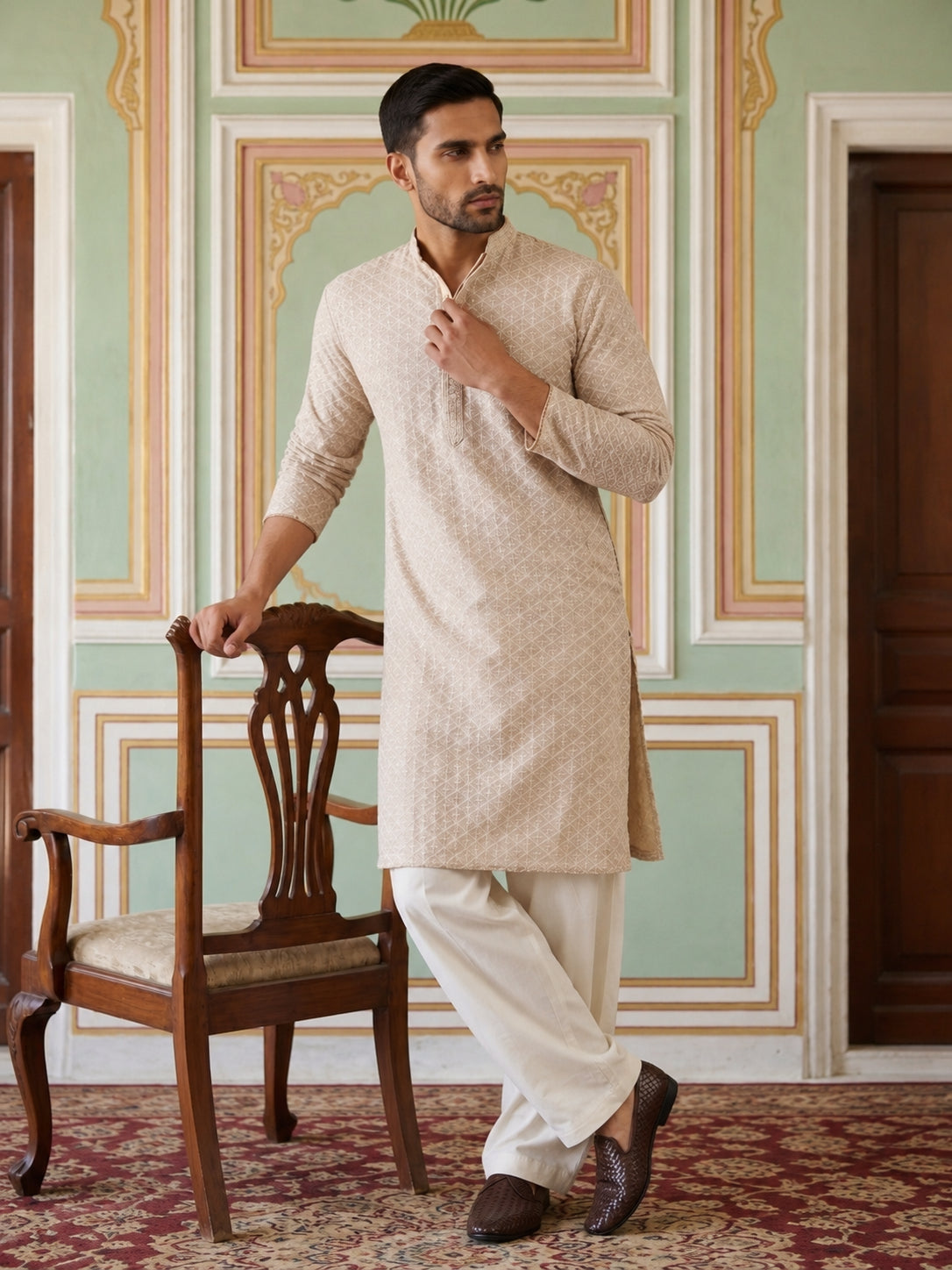 DesiQlo Men Embroidered Kurta Pyjama Set - Beige - JOKP_PJ11W_5005Beig