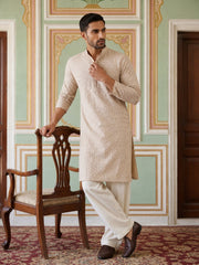 Sequin Embroidered Cotton Kurta with Pyjamas ( JOKP PJ11W 5005Beige )