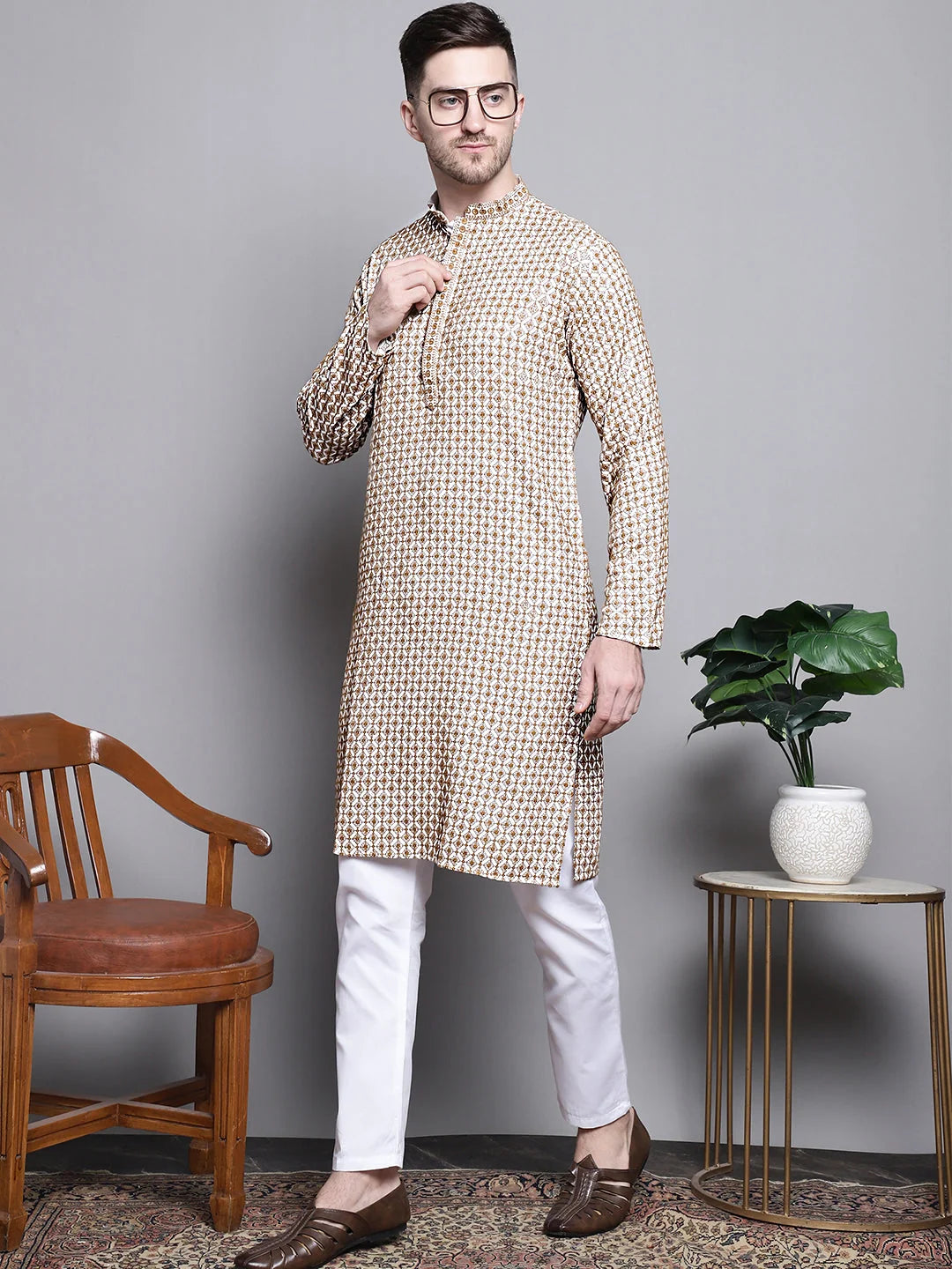 Elegant Cotton Kurta Pajama Set with Sequin Embroidery | Shop Now