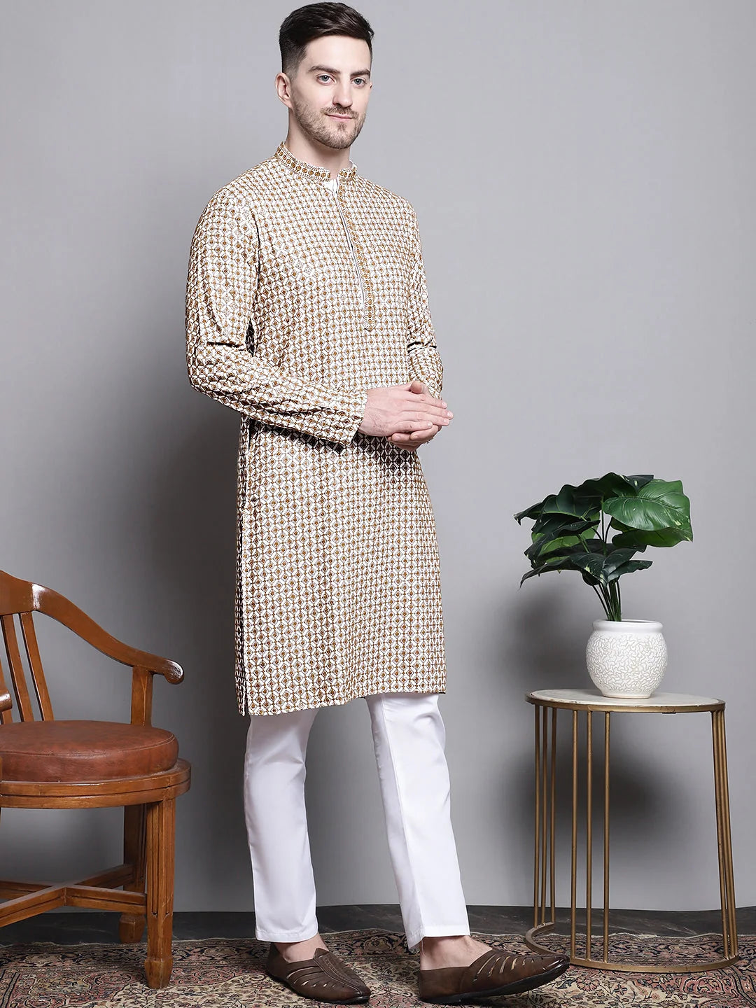 Elegant Cotton Kurta Pajama Set with Sequin Embroidery | Shop Now