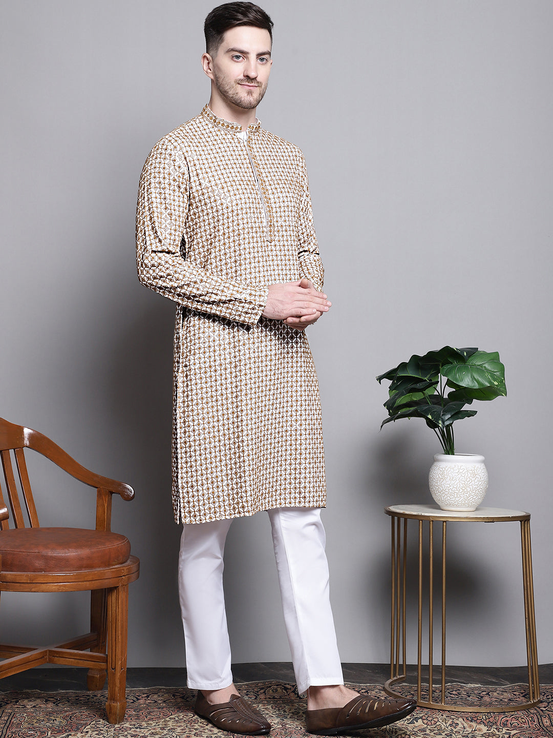 Elegant Cotton Kurta Pajama Set with Sequin Embroidery | Shop Now