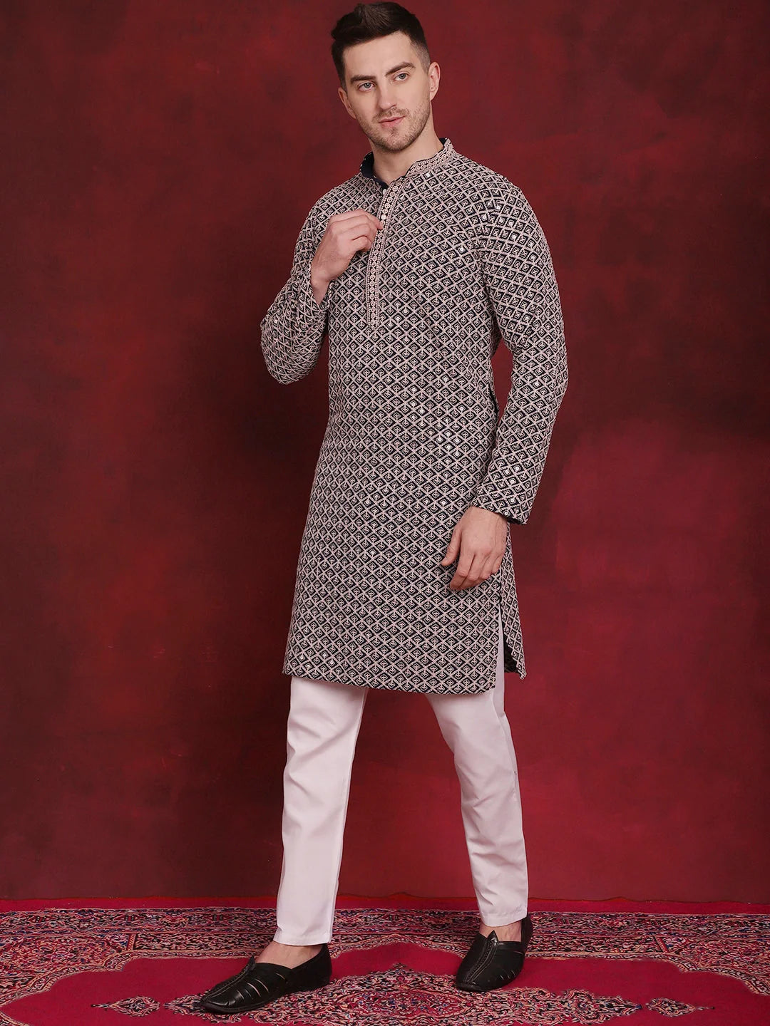 Sequin Embroidered Cotton Mens Kurta Pajama Set - Shop Now
