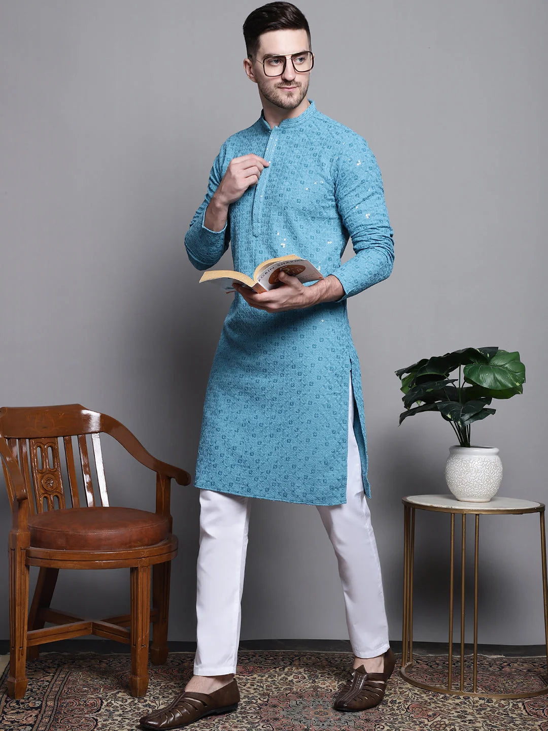 Light Cotton Kurta Pajama - Embroidered Mens Kurta Pajama Set