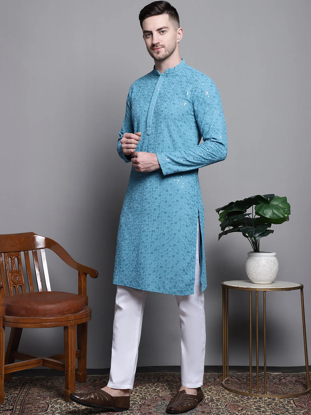 Light Cotton Kurta Pajama - Embroidered Mens Kurta Pajama Set