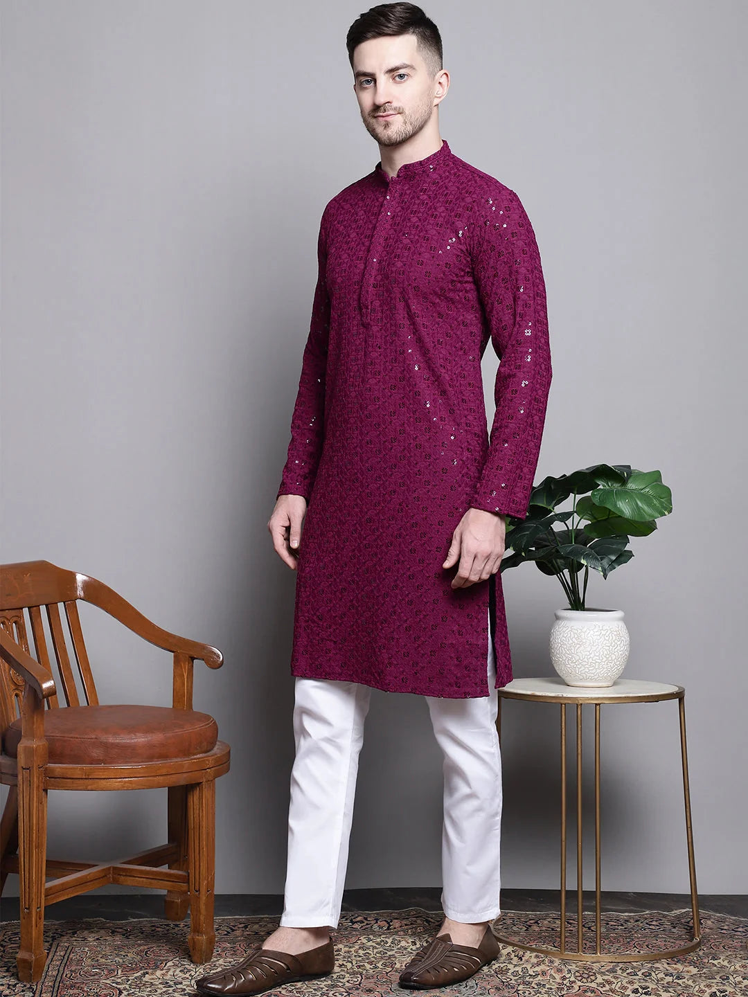 Embroidered Cotton Kurta Pajama Set - Mens Kurta Pajama