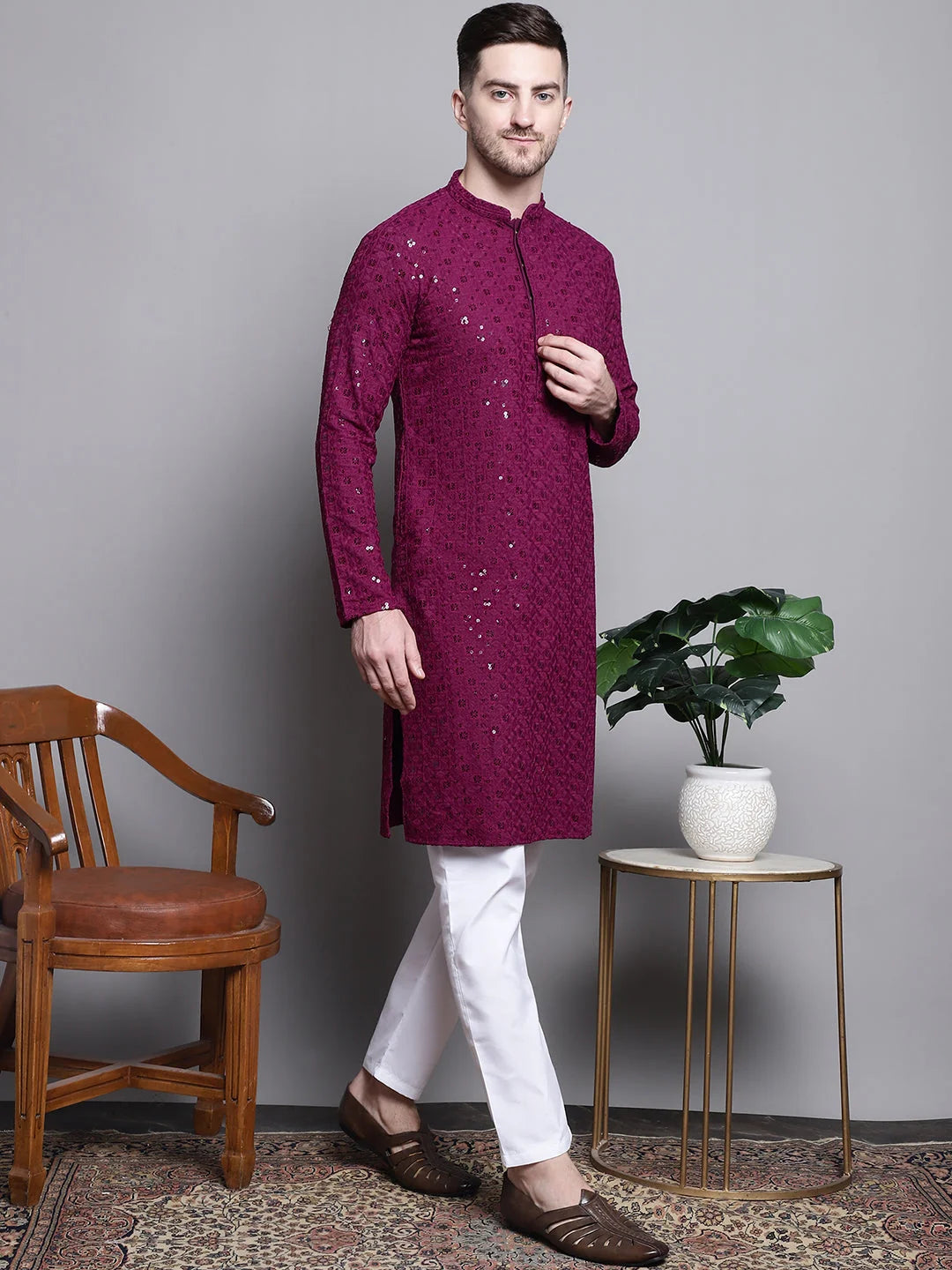 Embroidered Cotton Kurta Pajama Set - Mens Kurta Pajama