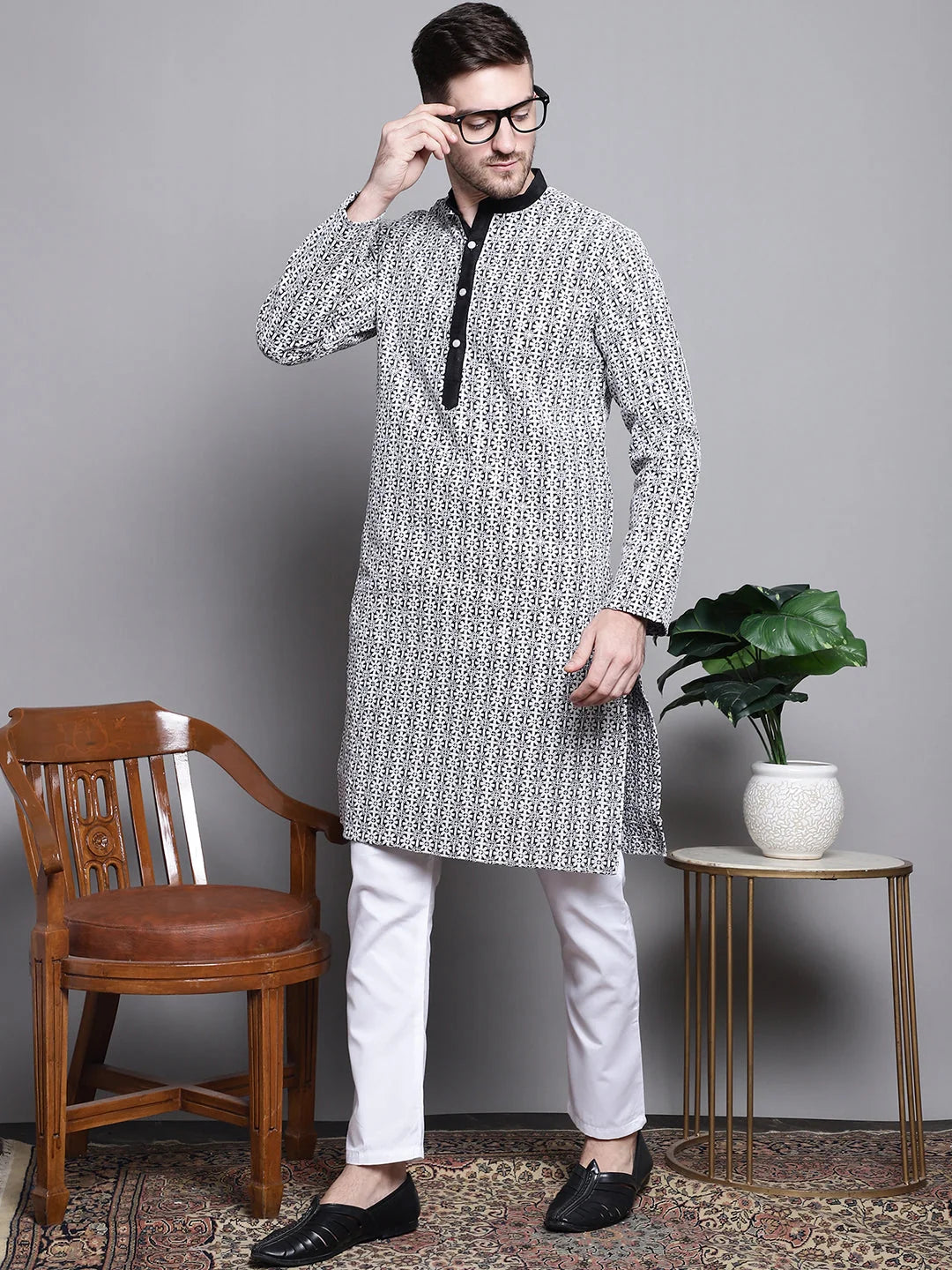 Cotton Sequin Kurta Pajama - Embroidered Mens Kurta Set