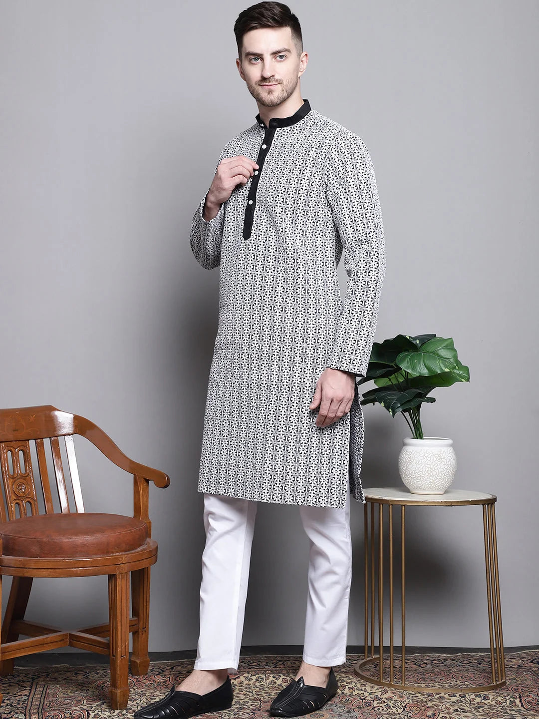 Cotton Sequin Kurta Pajama - Embroidered Mens Kurta Set