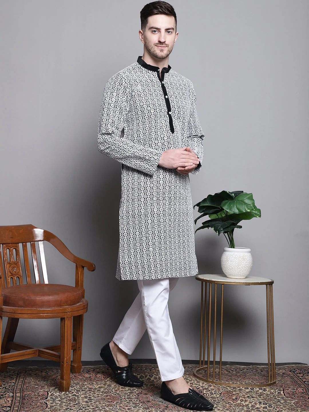 Cotton Sequin Kurta Pajama - Embroidered Mens Kurta Set