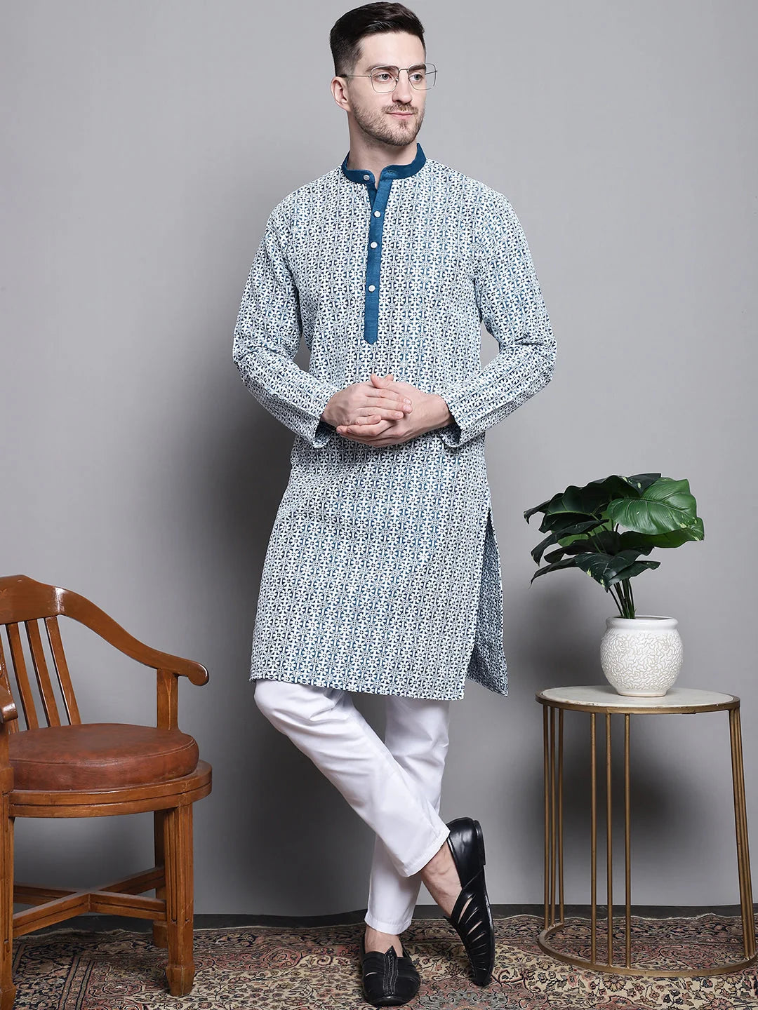 Embroidered Cotton Kurta Pajama Set - Solid Mens Kurta