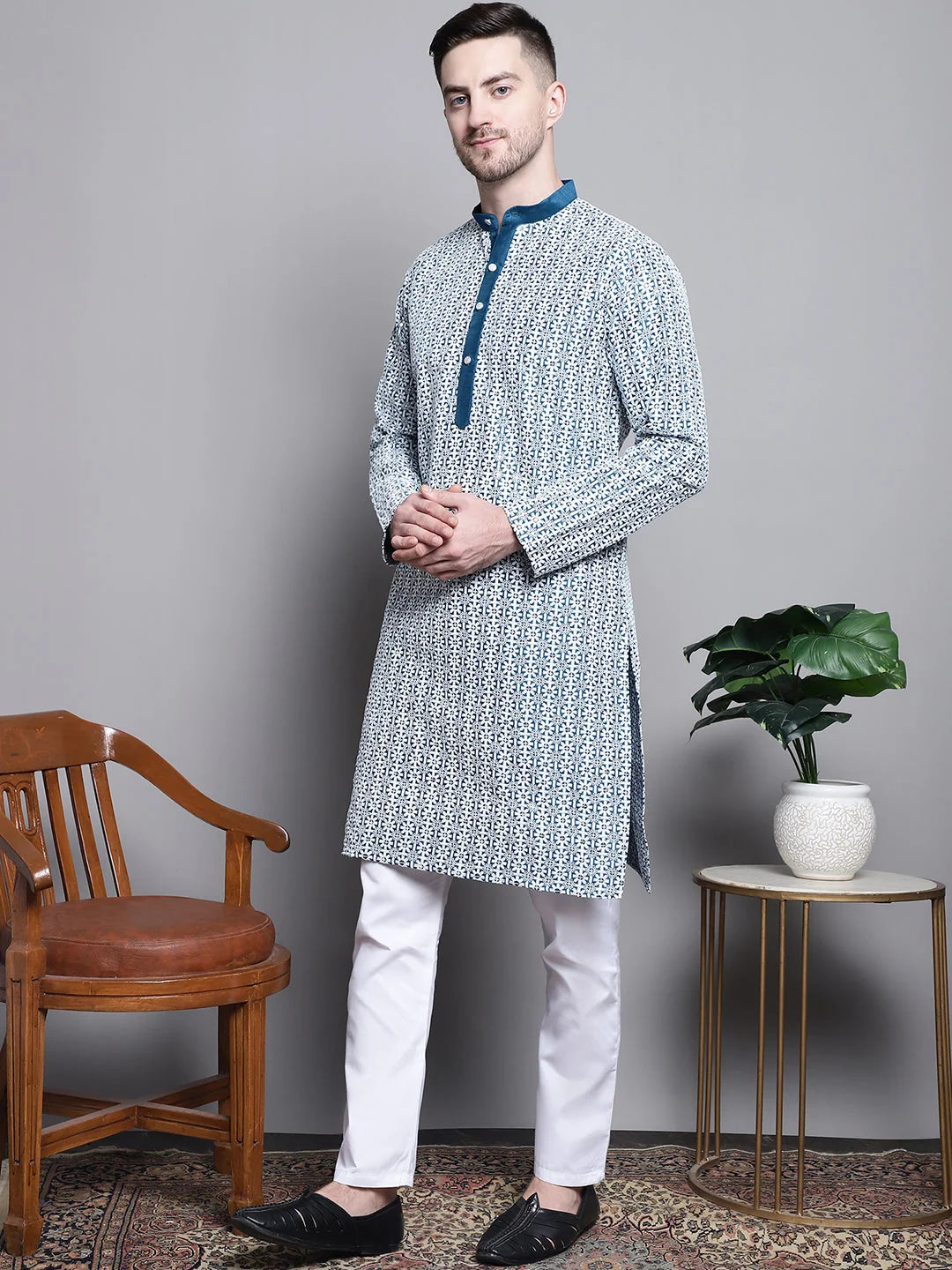 Embroidered Cotton Kurta Pajama Set - Solid Mens Kurta