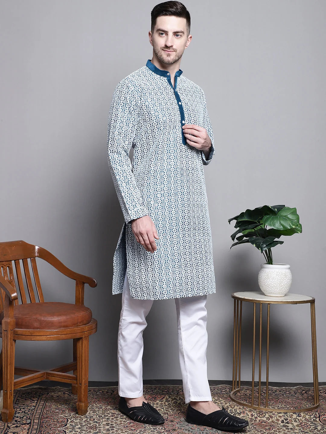 Embroidered Cotton Kurta Pajama Set - Solid Mens Kurta
