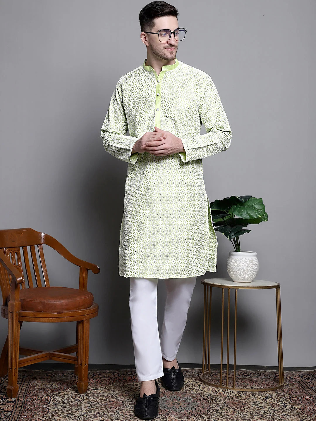 Sequin Embroidered Cotton Kurta Set - Mens Kurta Pajama