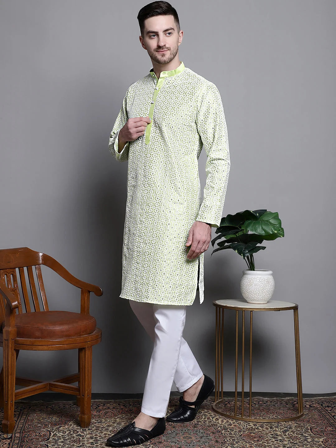Sequin Embroidered Cotton Kurta Set - Mens Kurta Pajama