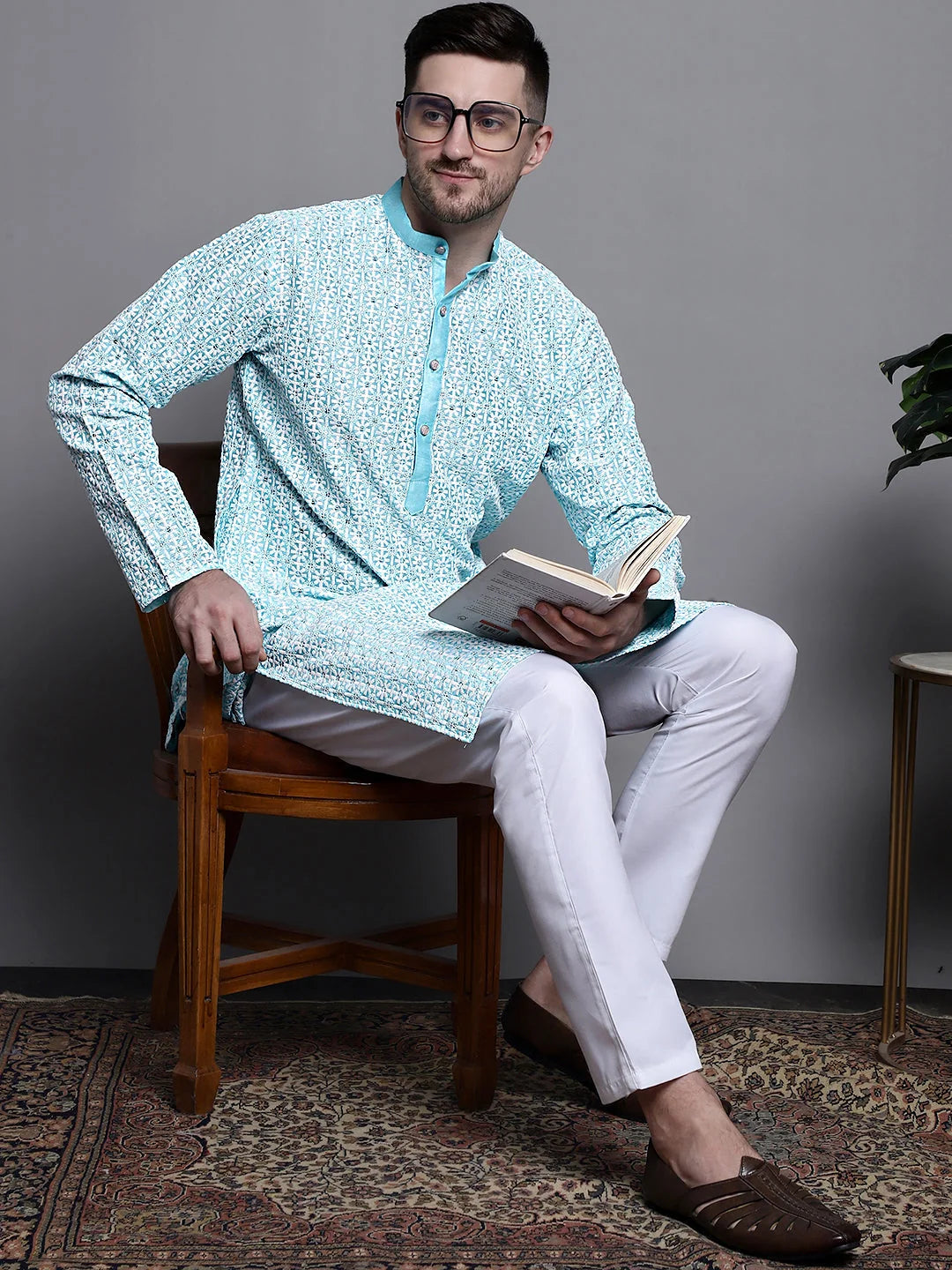 Cotton Kurta Pajama - Sequin Embroidered Mens Kurta Set