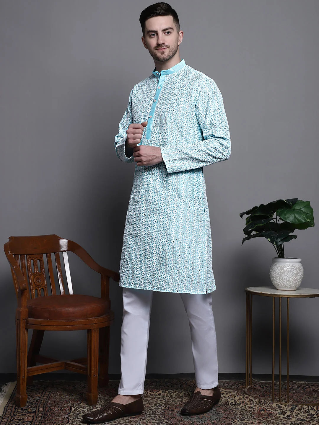 Cotton Kurta Pajama - Sequin Embroidered Mens Kurta Set