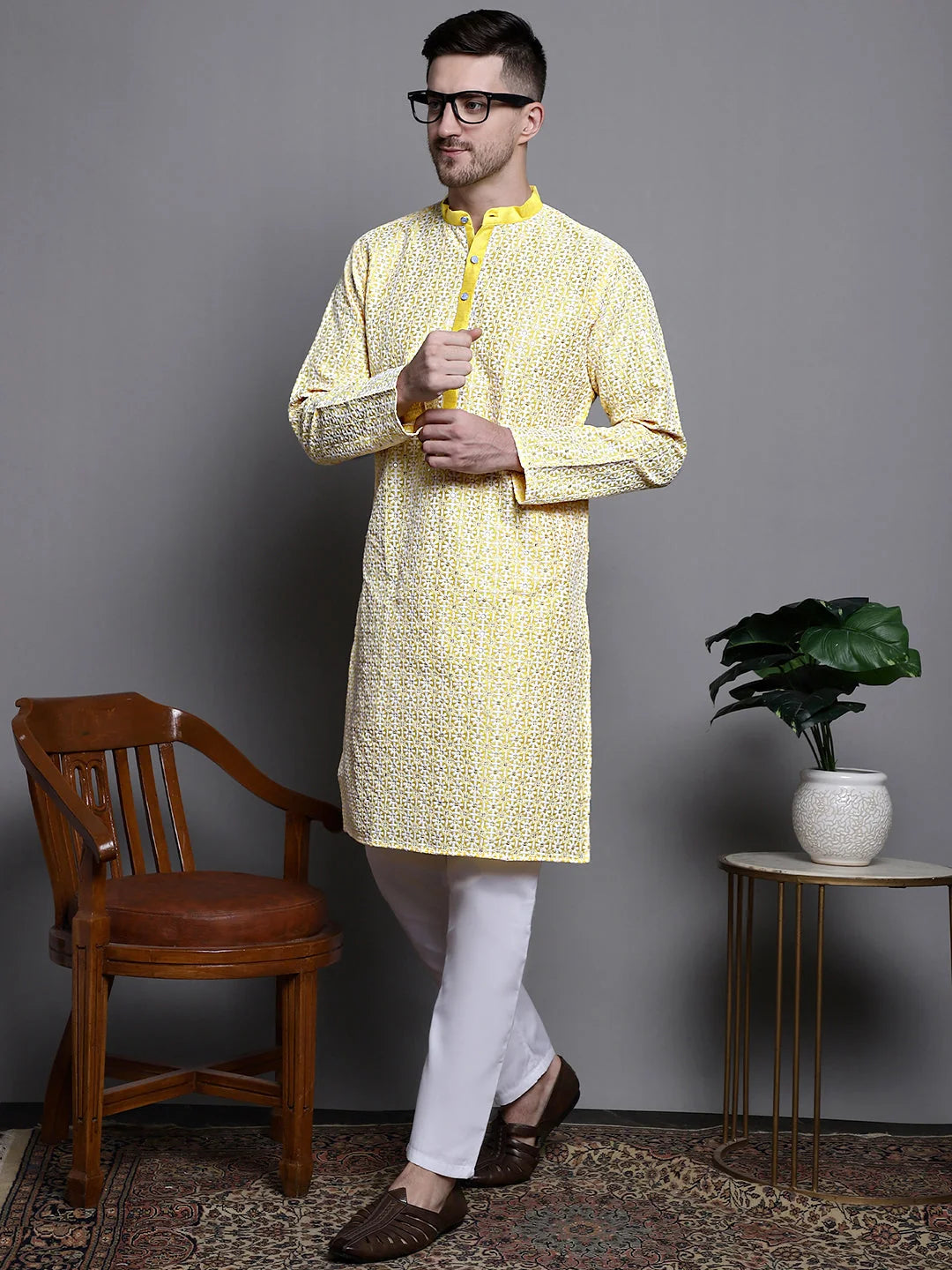 Solid Cotton Kurta Pajama Set - Embroidered Mens Kurta
