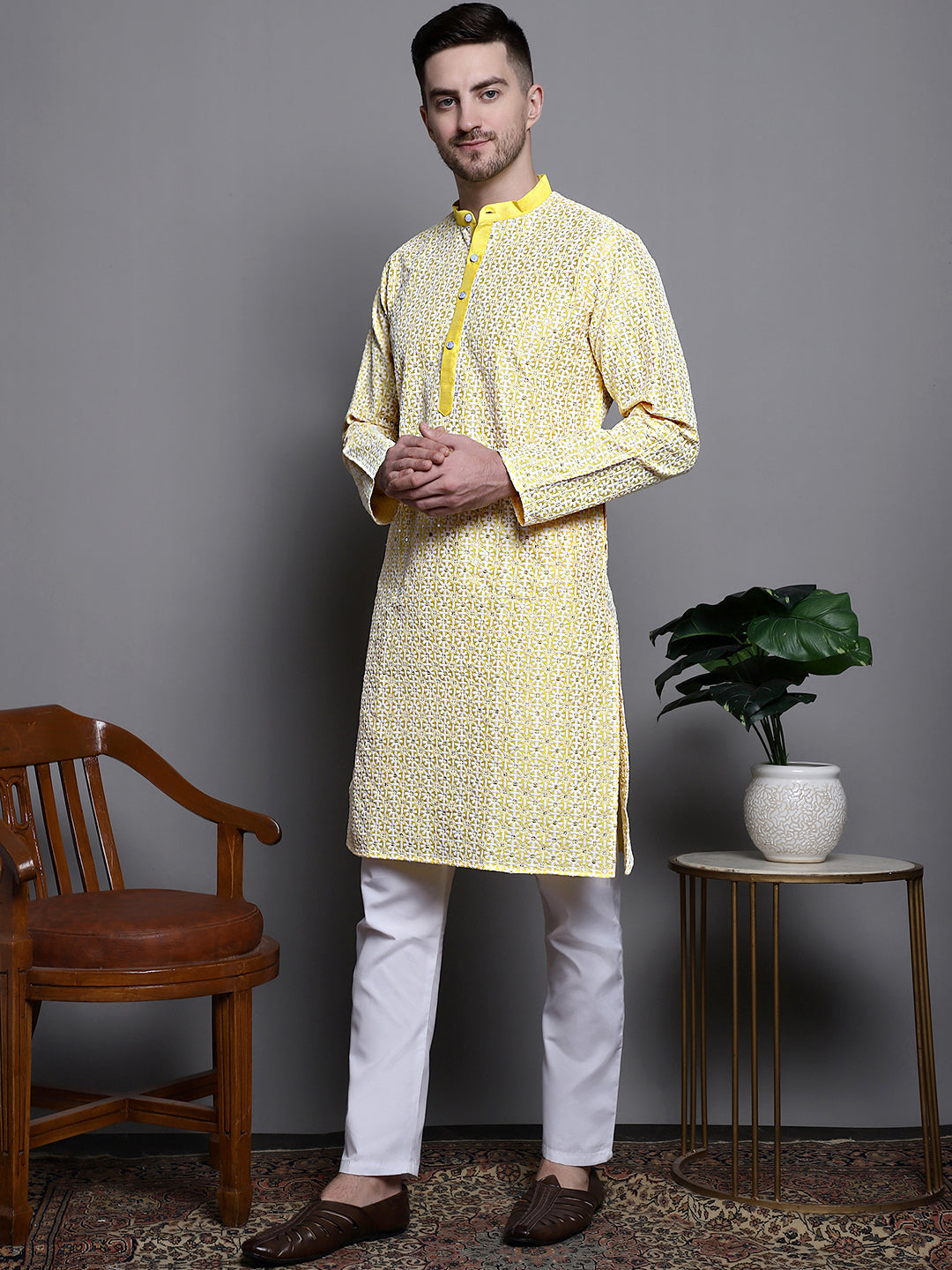 Solid Cotton Kurta Pajama Set - Embroidered Mens Kurta