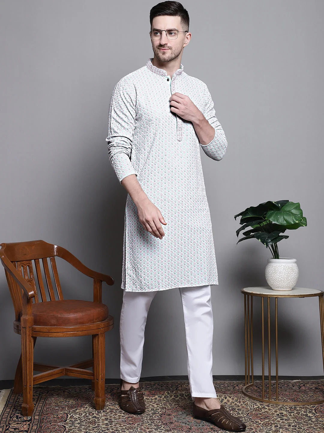 Cotton Kurta Pajama Set - Sequin Embroidered Ethnic Outfit