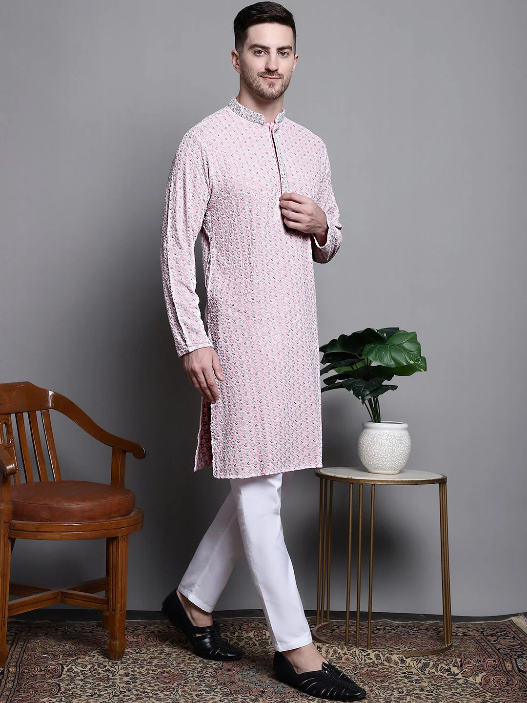 Cotton Kurta Pajama Set - Sequin Embroidered Kurta Pajama Outfit