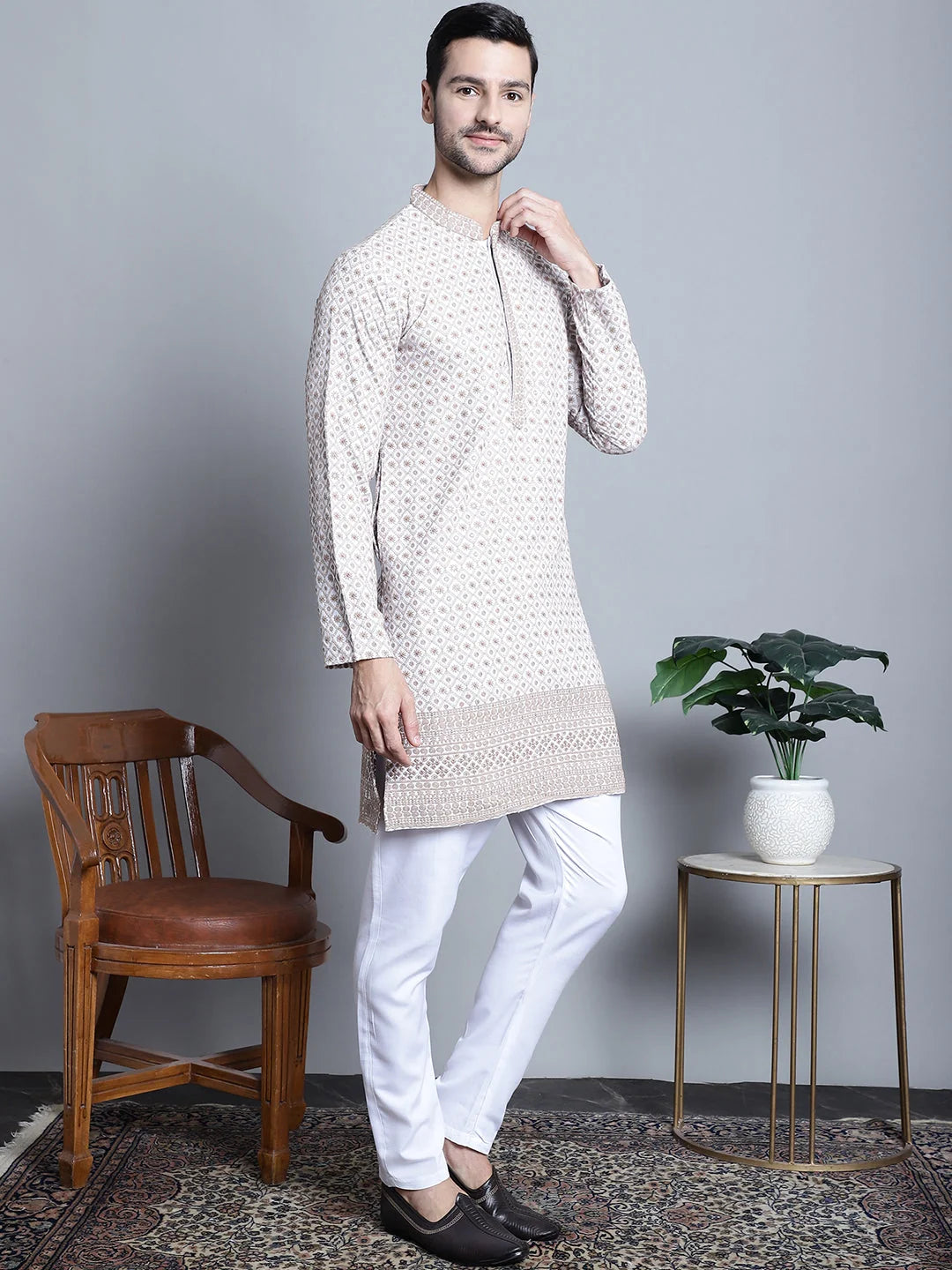 Chikankari Mens Kurta Pajama Set - Embroidered Rayon Kurta Pajama