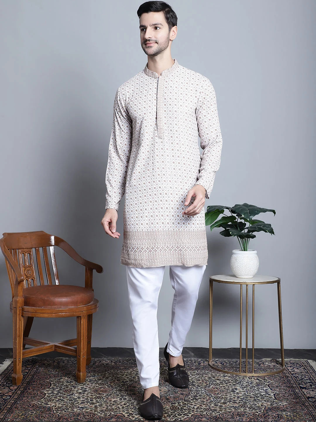 Chikankari Mens Kurta Pajama Set - Embroidered Rayon Kurta Pajama