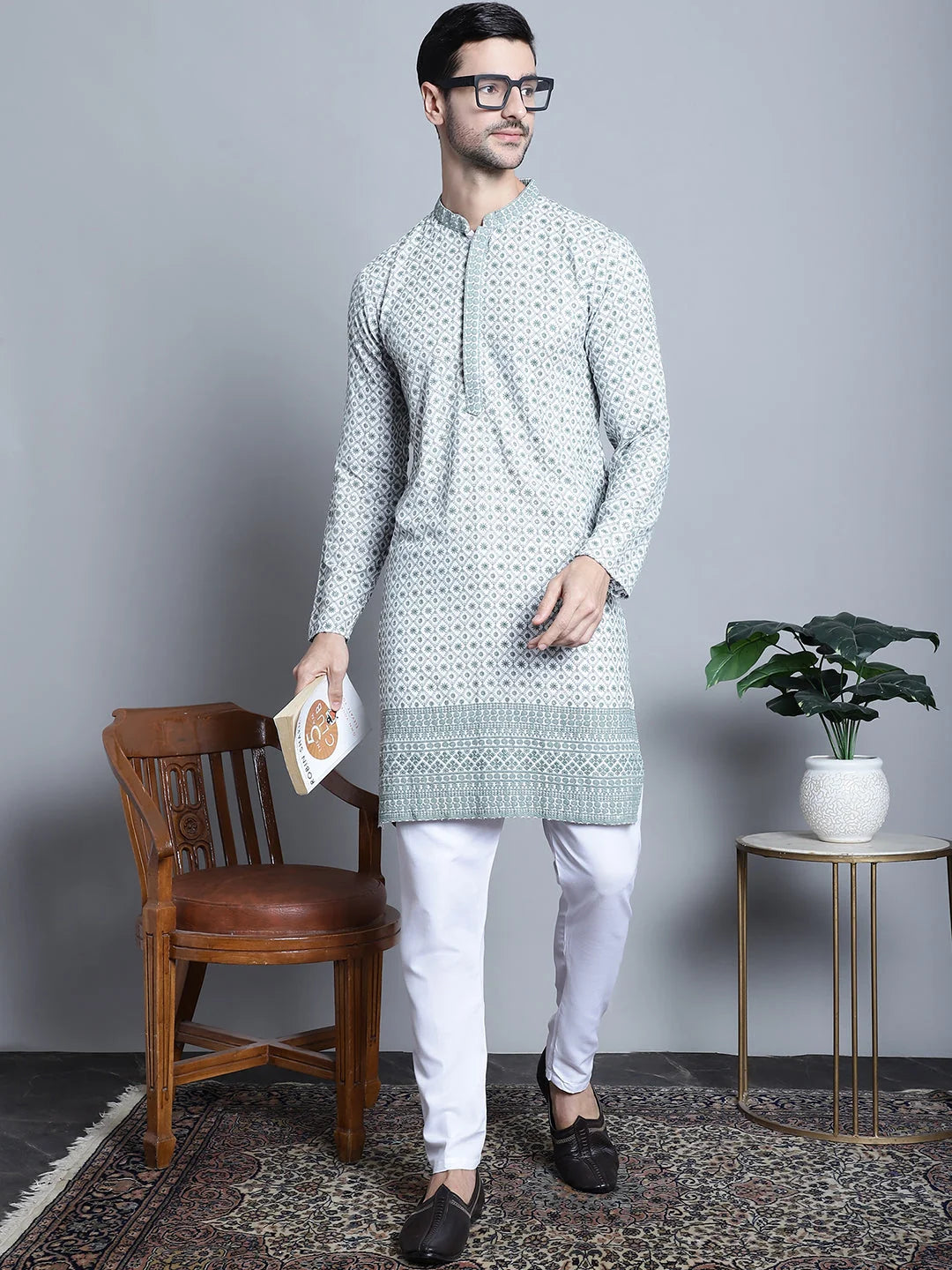 Chikankari Embroidered Kurta Pajama Set - Stylish Mens Kurta