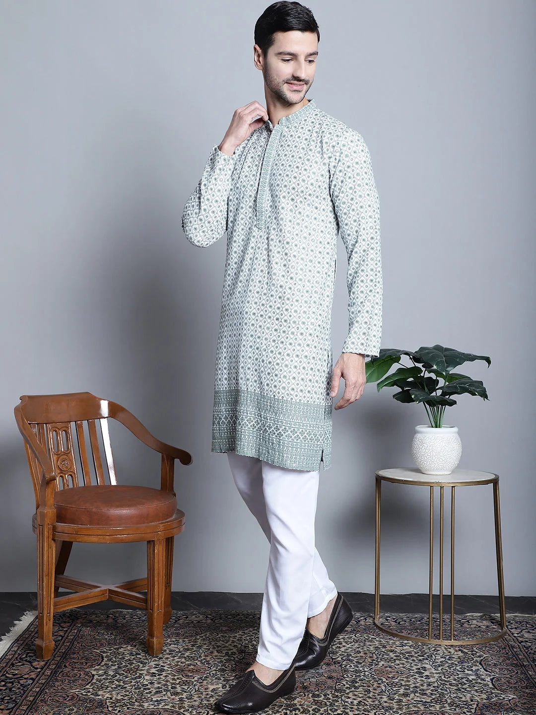 Chikankari Embroidered Kurta Pajama Set - Stylish Mens Kurta