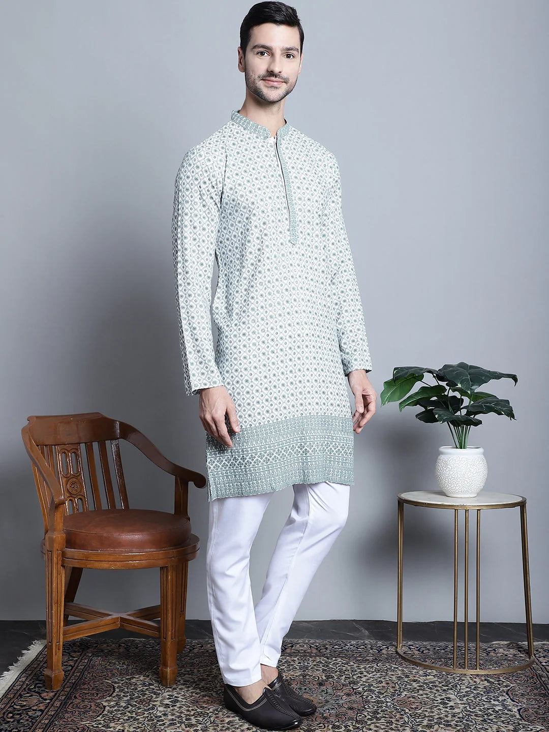 Chikankari Embroidered Kurta Pajama Set - Stylish Mens Kurta