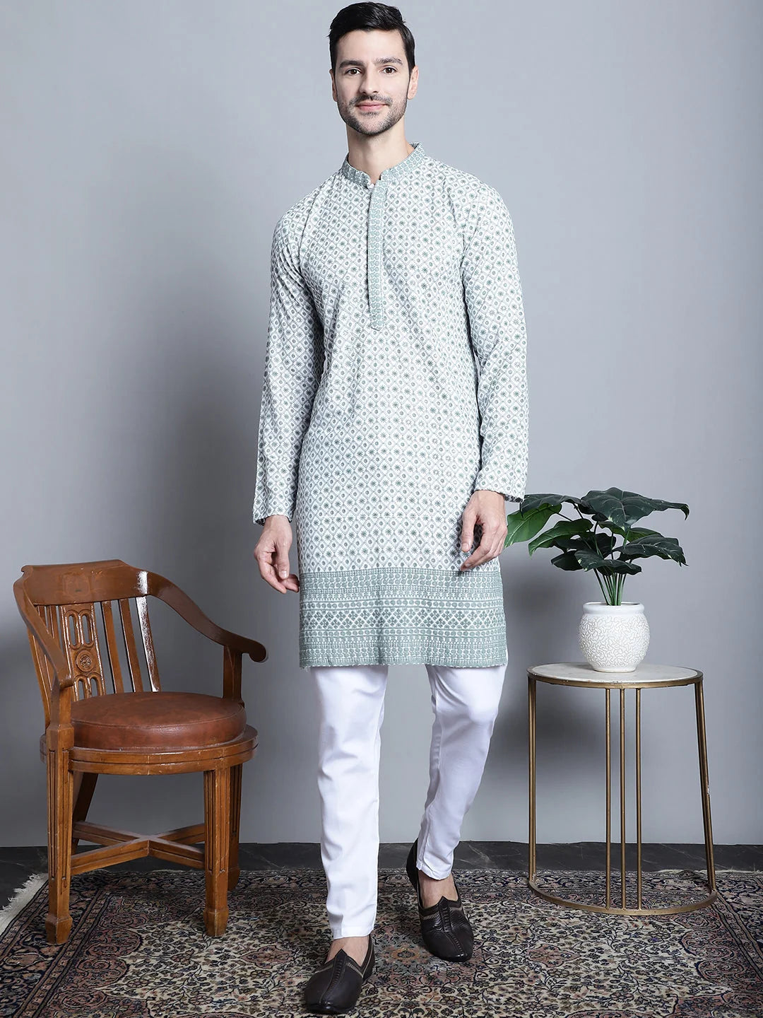 Chikankari Embroidered Kurta Pajama Set - Stylish Mens Kurta
