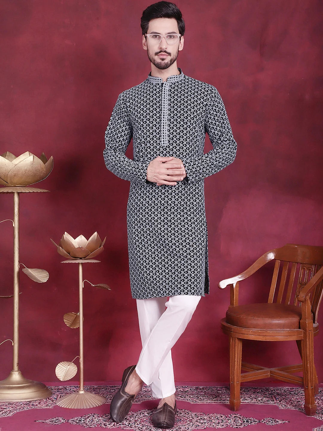 Grey Mens Kurta Pajama Set - Embroidered Kurta Pajama Online