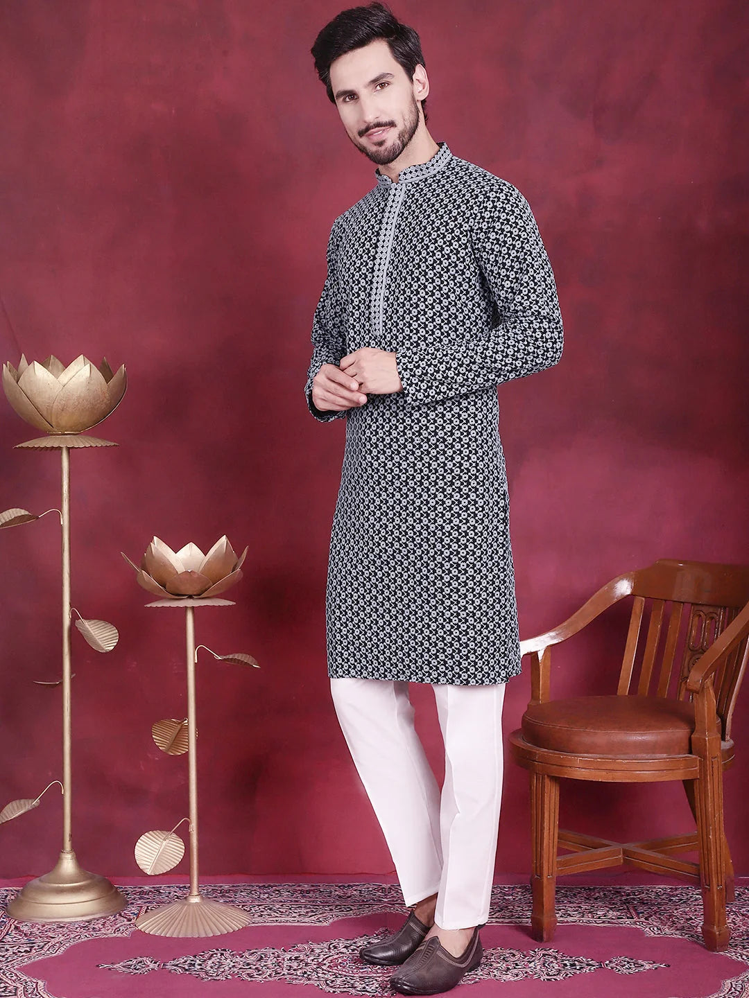 Grey Mens Kurta Pajama Set - Embroidered Kurta Pajama Online