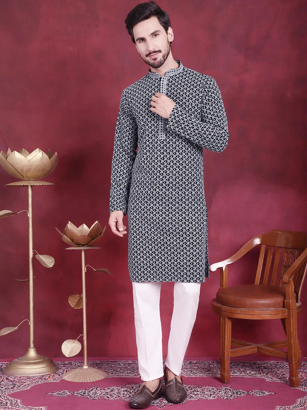 Grey Mens Kurta Pajama Set - Embroidered Kurta Pajama Online