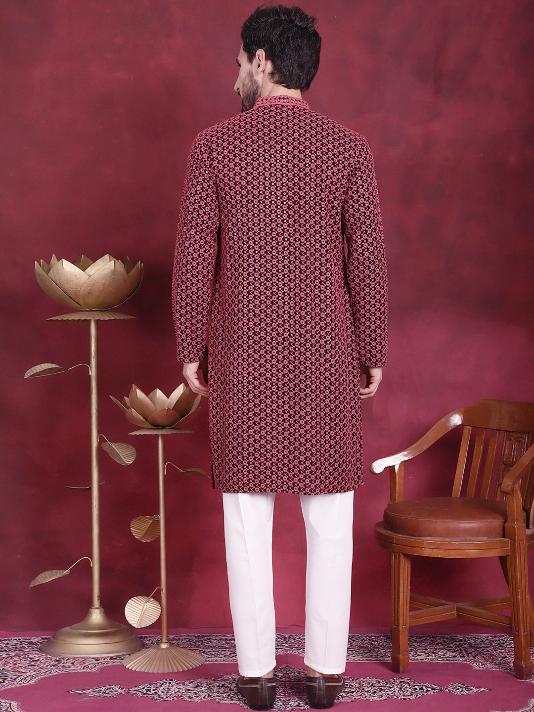 Magenta Mens Kurta Pajama Set - Embroidered Kurta Pajama