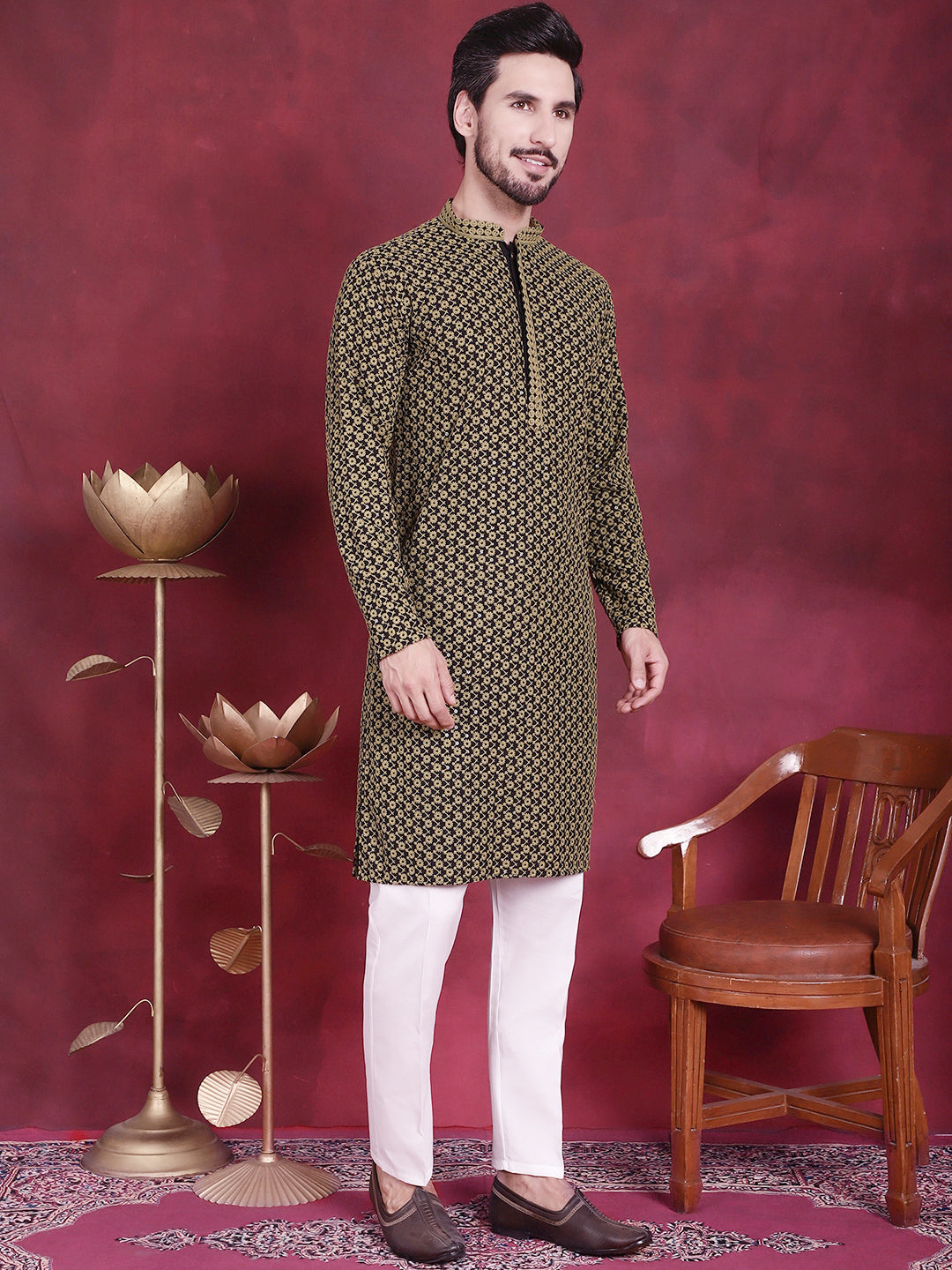 Mehndi Mens Kurta Pajama Set - Embroidered Kurta Pajama