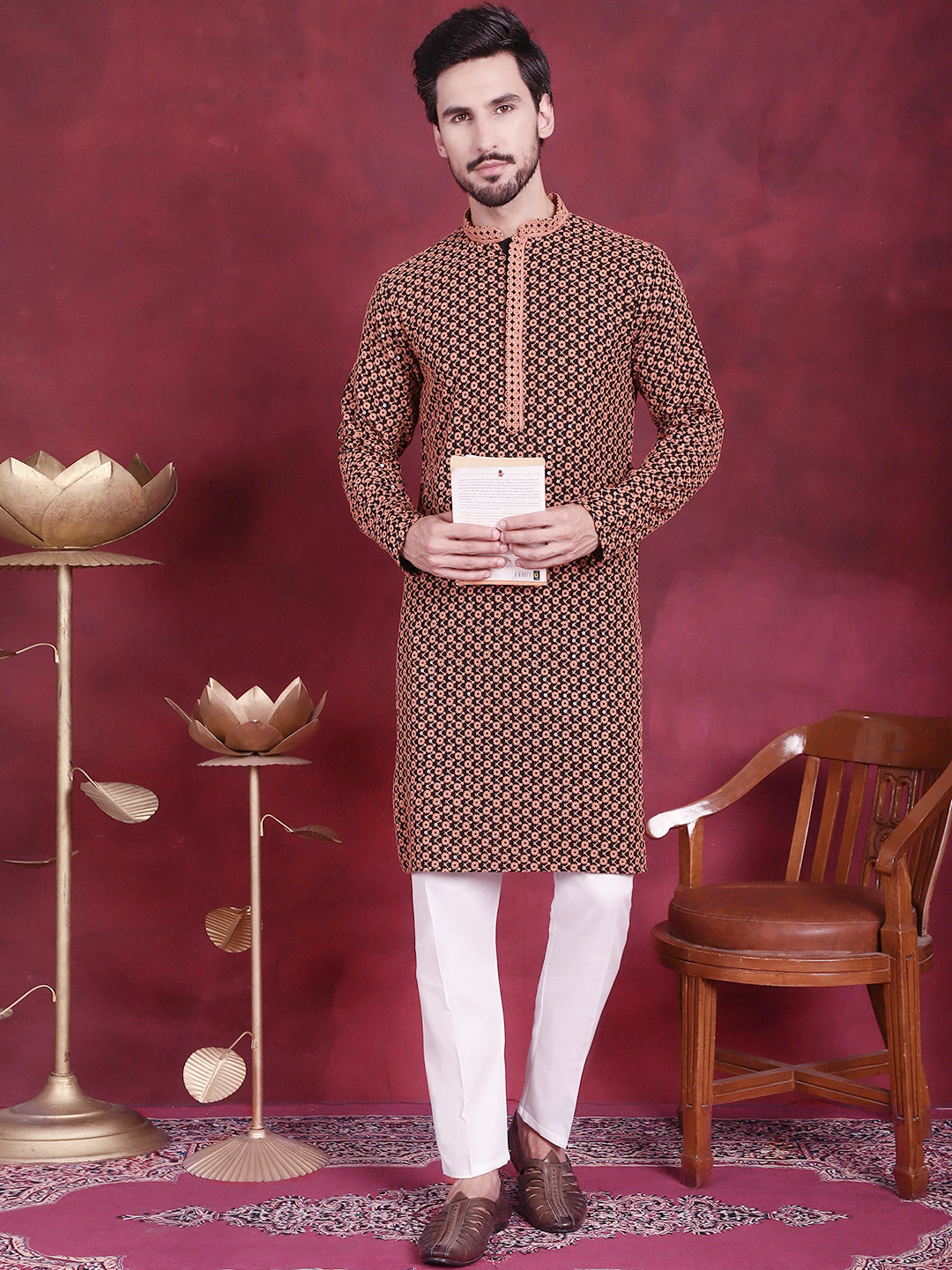 Orange Sequins Embroidered Mens Kurta Pajama Set