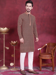 Men's Sequins Embroidered Kurta with Pyjama ( JOKP P 5013 Orange )