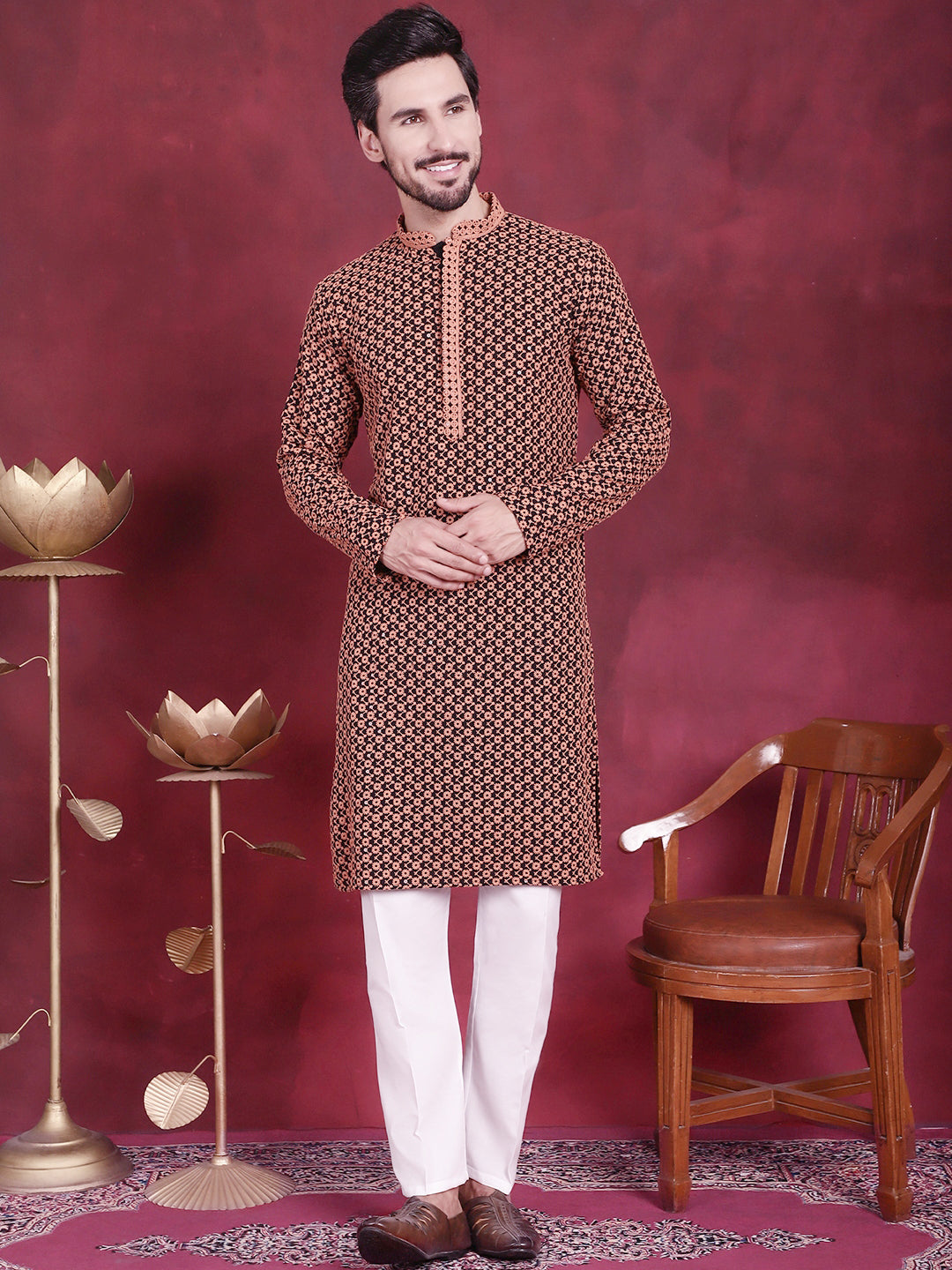 Orange Sequins Embroidered Mens Kurta Pajama Set