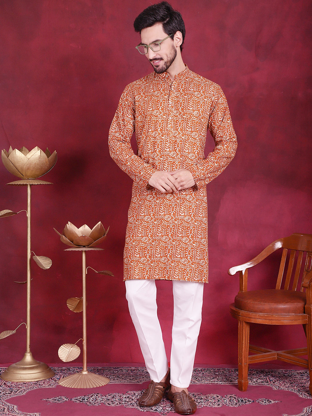 DesiQlo Men Printed Kurta Pyjama Set - Yellow - JOKP_P_5014Mustard_S