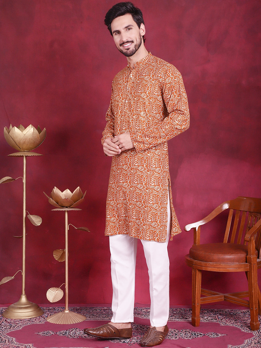 DesiQlo Men Printed Kurta Pyjama Set - Yellow - JOKP_P_5014Mustard_S