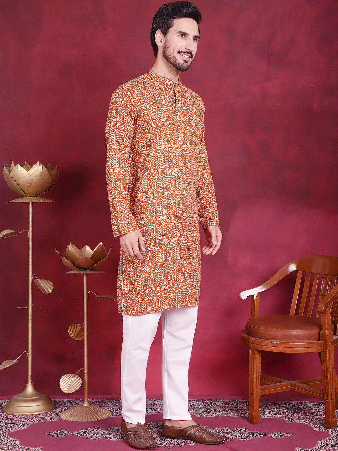 DesiQlo Men Printed Kurta Pyjama Set - Yellow - JOKP_P_5014Mustard_S