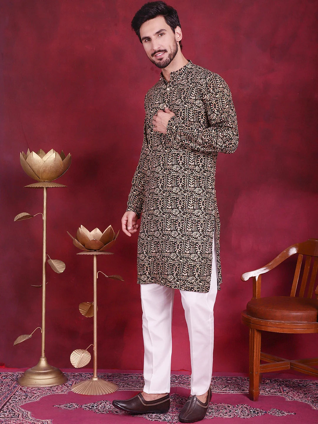 Olive Mens Kurta Pajama Set - Digital Printed Kurta Pajama