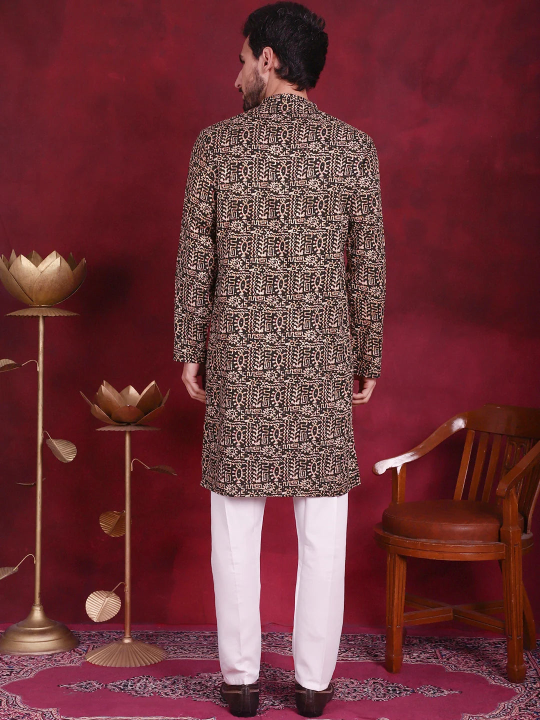 Olive Mens Kurta Pajama Set - Digital Printed Kurta Pajama