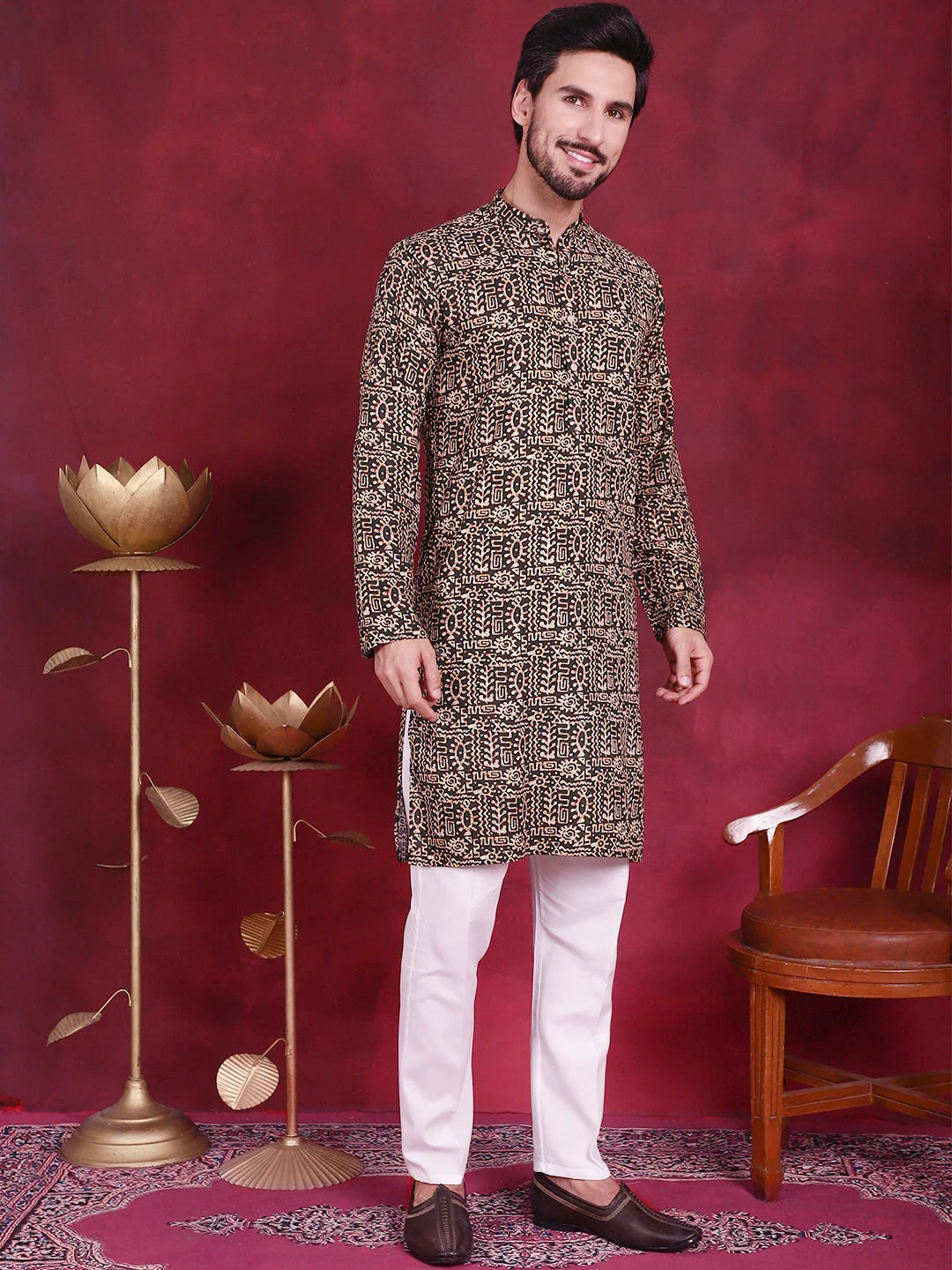 Olive Mens Kurta Pajama Set - Digital Printed Kurta Pajama